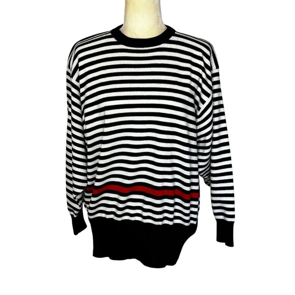 Vintage 80s Dolman Sleeve Stripe Sweater Oversized Graphic Black White Red - Picture 5 of 9